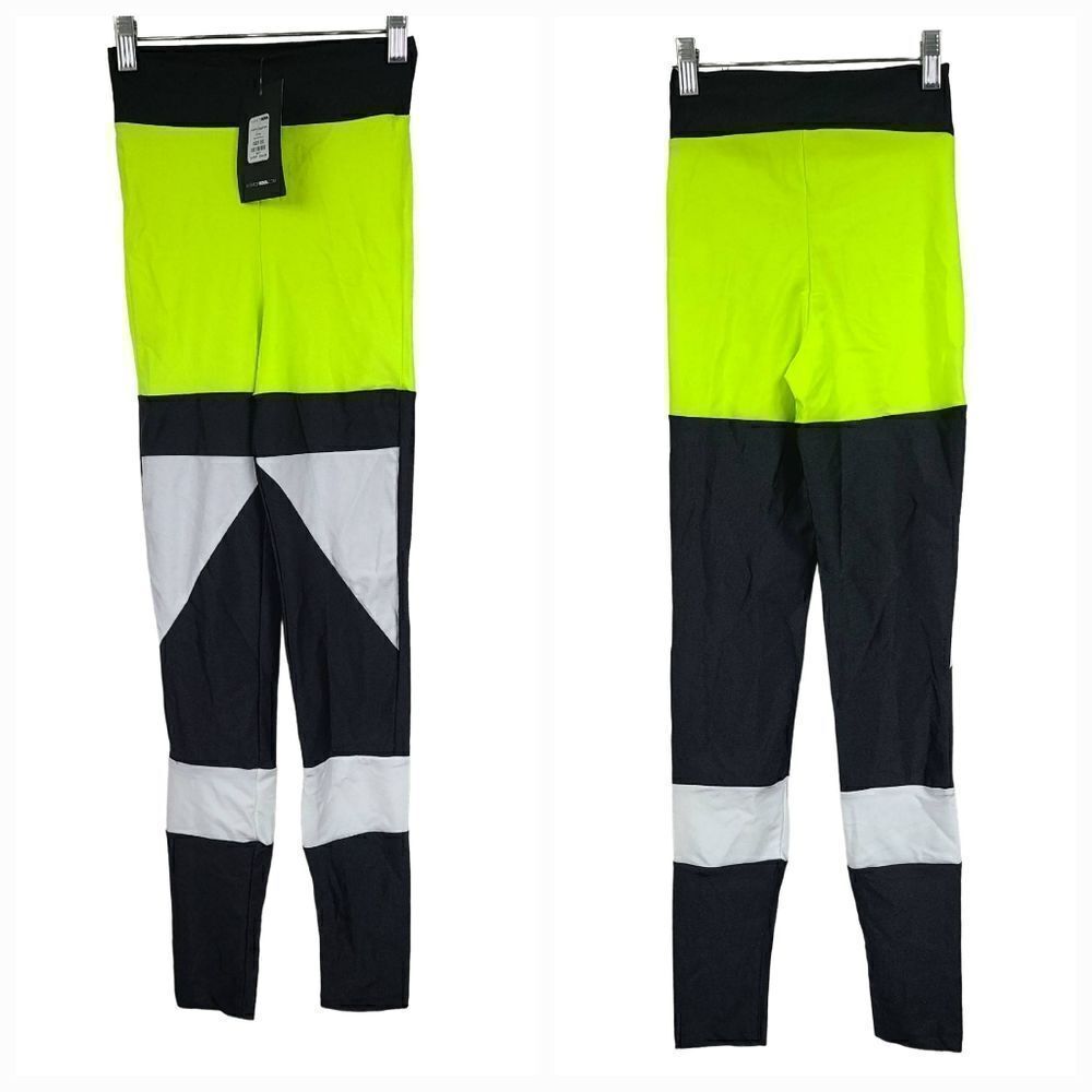 Fashion Nova Neon Leggings Colorblock Black Yellow XS 0/1 High Rise